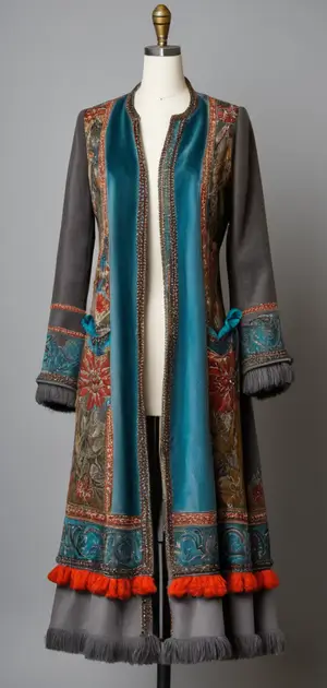 Grey bohemian coat with bold floral accents and rich patterns