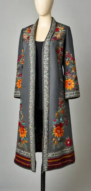 Turquoise and grey bohemian coat with orange tassels and detailed trim
