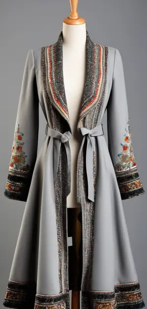 Grey bohemian coat with colorful floral embroidery and trim