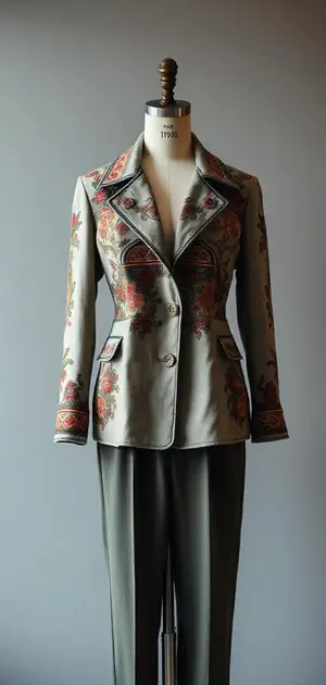 Cream jacket with floral embroidery on mannequin