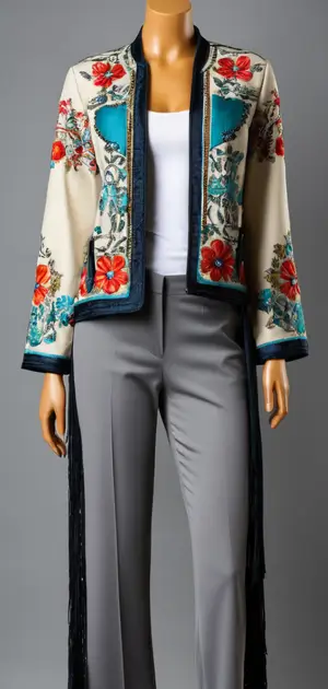 Bohemian jacket with blue and red floral patterns