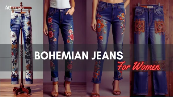 Trendy bohemian jeans in flare, embroidered, and distressed styles.