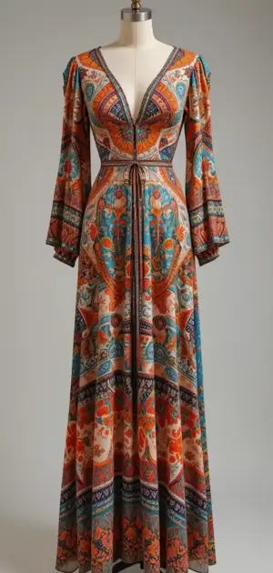 Earthy tone bohemian maxi dress with V-neck