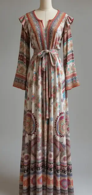 Pastel bohemian maxi dress with soft patterns