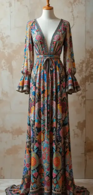 Colorful bohemian maxi dress with deep neckline