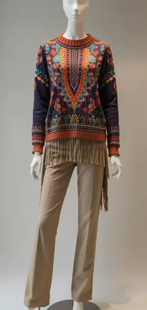 Navy bohemian sweater with colorful embroidery on mannequin