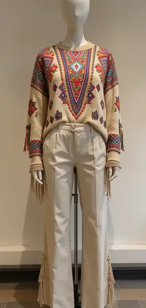 Bohemian patterned sweater with tassel details on display