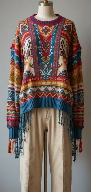 Colorful bohemian sweater with fringe details on mannequin