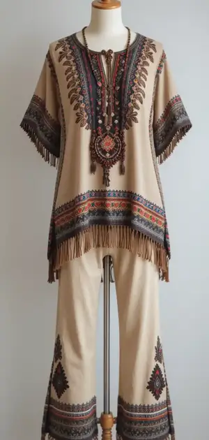 Mannequin in a tribal-inspired Bohemian T-shirt with matching trousers