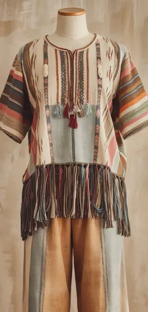 Bohemian T-shirt with color block design and tassel detailing