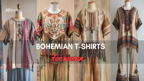 Mannequins displaying four unique Bohemian T-Shirts For women with vibrant designs