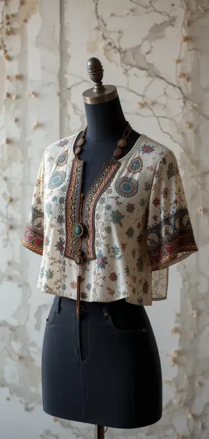 A cropped bohemian blouse featuring colourful designs and a versatile style.