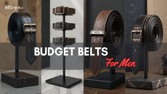 A variety of affordable men's belts with unique textures, patterns, and buckles.