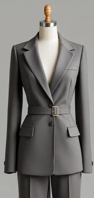 Charcoal grey blazer with belt and sleek, modern cut