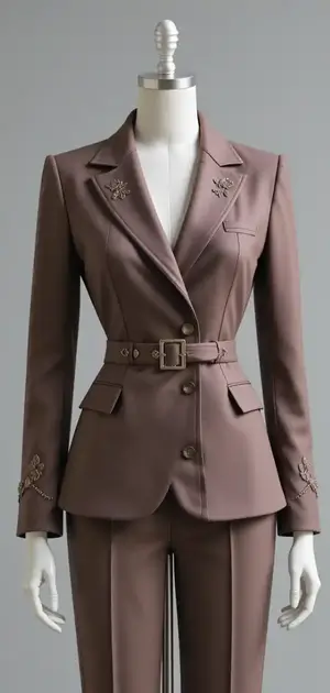 Chocolate brown blazer with floral embroidery and belt for women