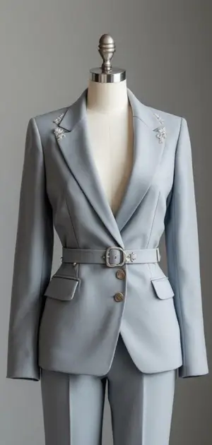Light blue blazer with belt and embroidery details for women.