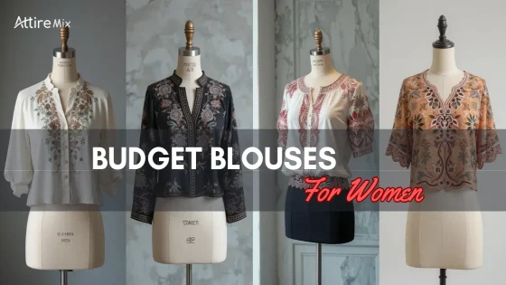 Four embroidered blouses displayed on mannequins in different styles.