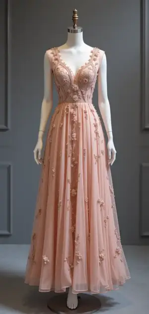 Long pink lace dress displayed on a mannequin