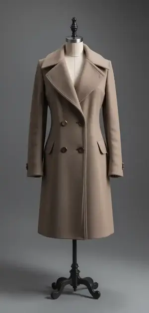 Classic tan coat with double-breasted front