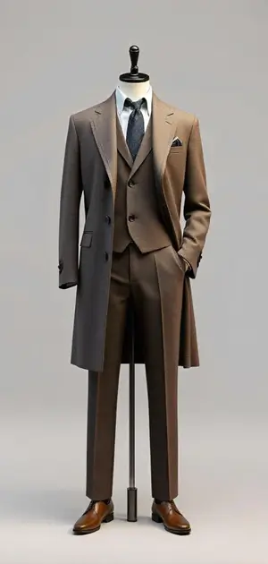 Tan long coat with a classic three-piece suit