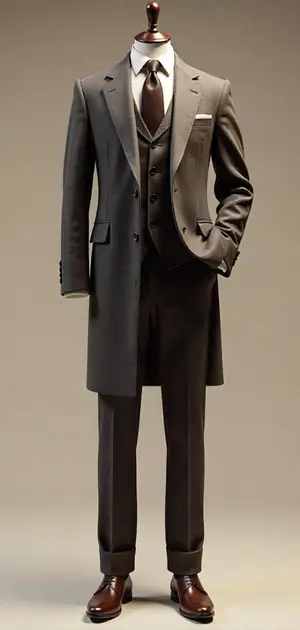 Brown long coat with a matching three-piece suit