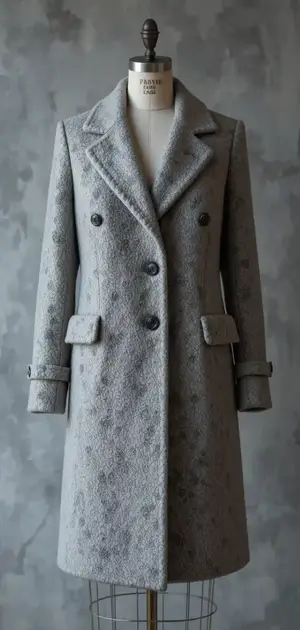 Textured grey double-breasted coat on display