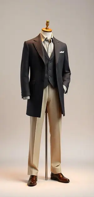 Dark coat with beige trousers and a waistcoat