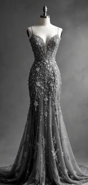 Gray gown with floral embroidery