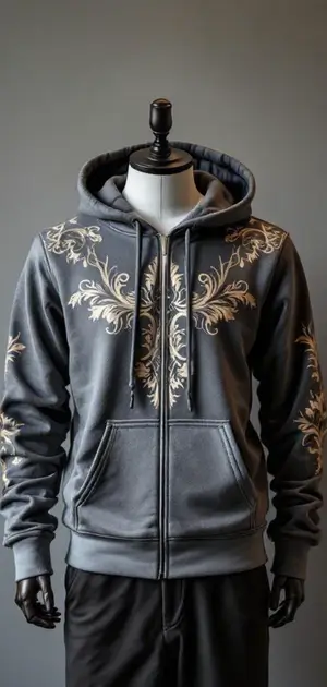 Grey zip-up hoodie with gold ornate floral patterns