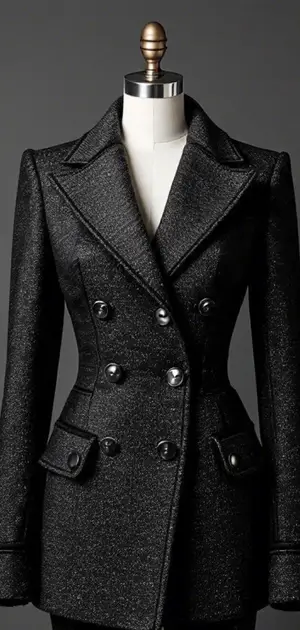 Black textured jacket with golden buttons on a mannequin
