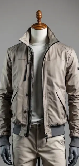 Beige lightweight jacket with ribbed details styled with light trousers