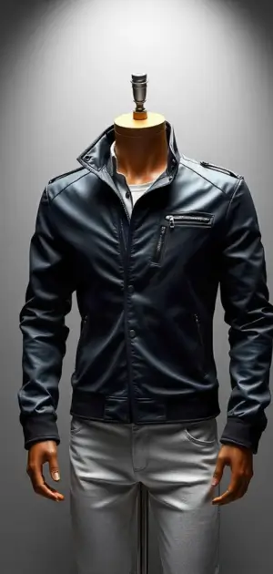 Black leather jacket with zippers, styled with white pants on a mannequin