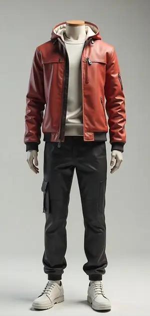 Red jacket with black details paired with joggers and white boots