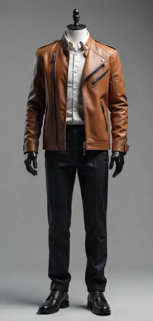 Brown leather jacket with zip details, paired with black trousers on a mannequin.