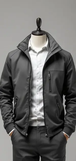 Grey budget jacket styled with a white shirt and matching trousers