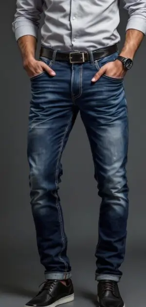 Man in dark-wash slim-fit jeans with a black belt and polished shoes