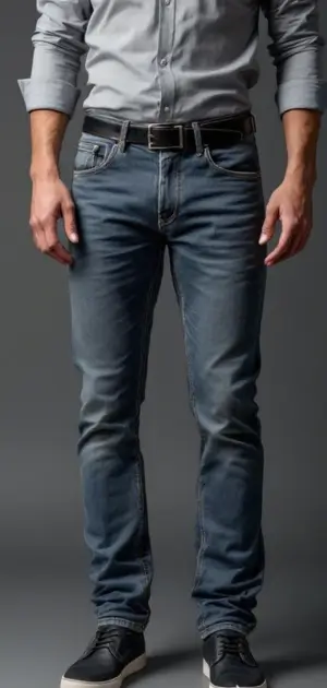 Man in slim-fit faded gray-blue jeans with a black belt and casual black sneakers