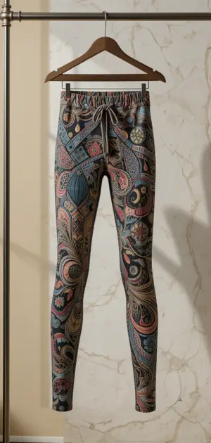 Women’s budget leggings with intricate multicoloured abstract paisley designs.