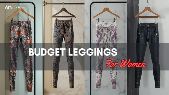 Four pairs of budget leggings for women with floral and sleek modern designs.
