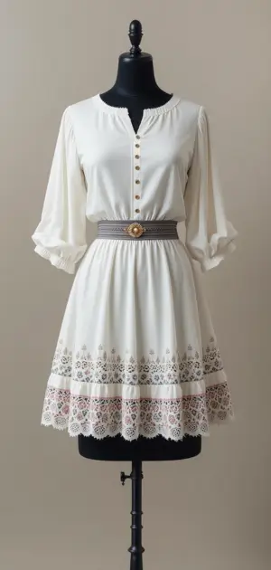 A feminine outfit featuring a lace-detailed skirt and buttoned blouse.