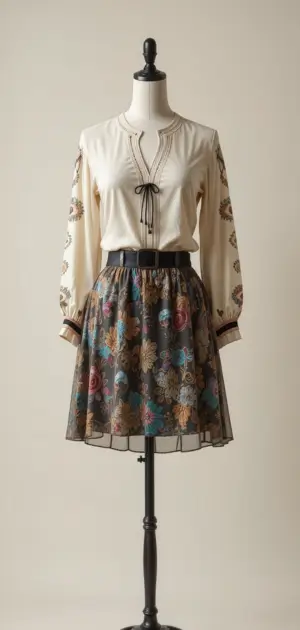 Bohemian-style blouse paired with a printed midi skirt on a mannequin.