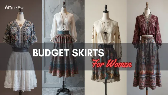 A fashion display of budget-friendly skirts paired with stylish tops.