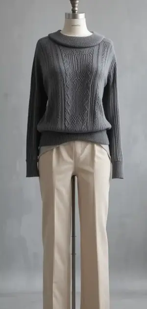 Mannequin in a grey cable knit sweater paired with beige trousers