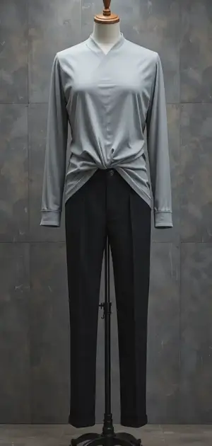 Mannequin dressed in a sleek silver sweater with a front tie detail over black trousers