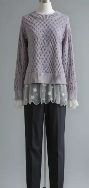 Mannequin in a lavender cable knit sweater with lace-trimmed peplum detail over black trousers