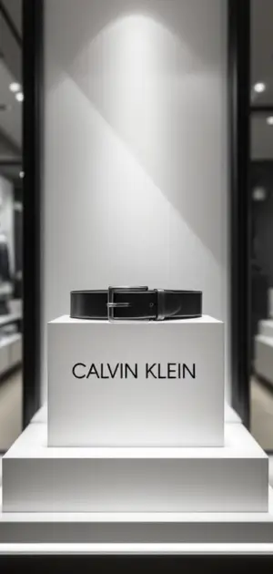 Calvin Klein belt with a simple buckle displayed on a branded pedestal