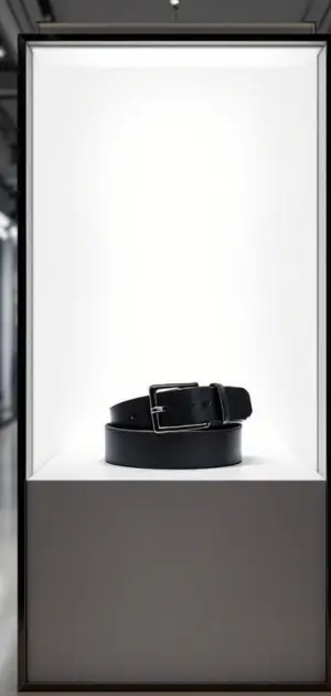 Black leather belt with silver buckle displayed in a lit showcase