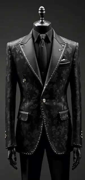 A black blazer with floral embroidery, satin lapels, and metallic detailing on a mannequin