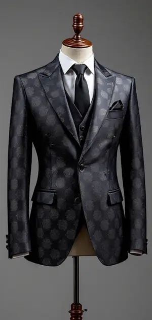 A black patterned blazer with satin lapels, black tie, and matching vest on a mannequin