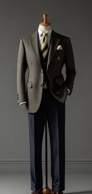A brown tailored blazer with a vest, shirt, tie, and pocket square